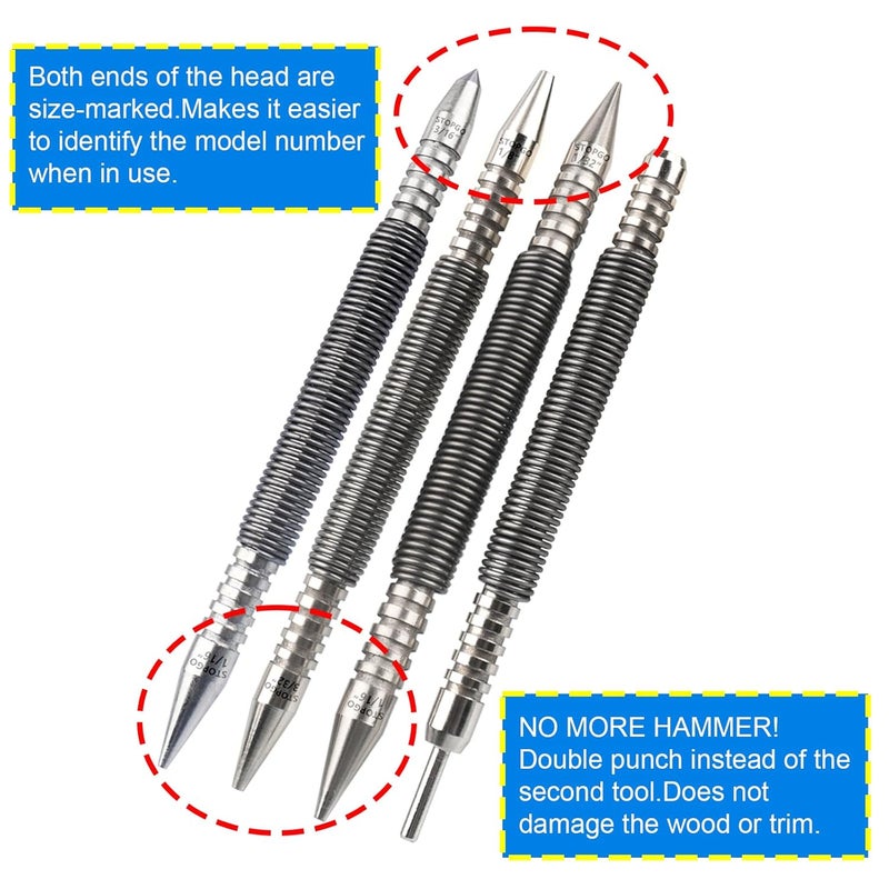 LSTOPGO Store Spring Nail Set,Dual Head Nail Setter with Size Marked,4pcs Hammerless Door Hinge Pin Removal Tool,Striking Force Spring Loaded Nail Punch（1/8-in, 3/32-in, 3/16-in, 1/16-in, 1/32-in, 1/8-in） - Image 3